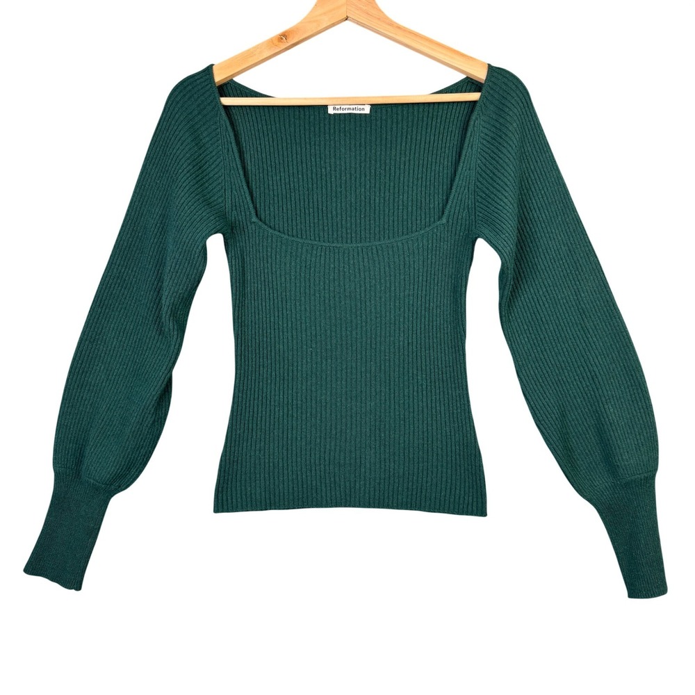 Reformation Gellar Top Emerald Green Cashmere Wool Ribbed Square Neck Sweater XS - Picture 1 of 8